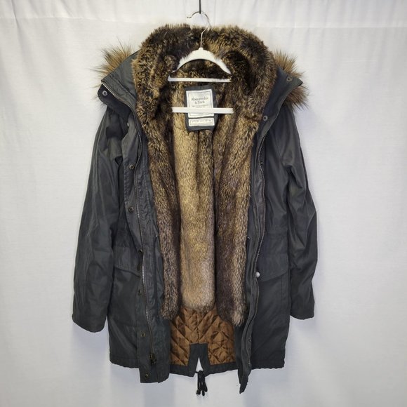 Abercrombie & Fitch Women's Small Jacket Coat Green Faux Fur Lined Hood - Picture 3 of 11